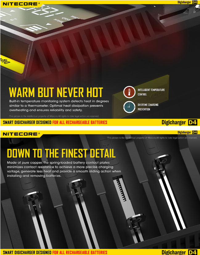 Chargeur D4 Nitecore Li-ion, IMR, Ni-MH, LiFePO4 et Ni-CD  NYCTALOPE  