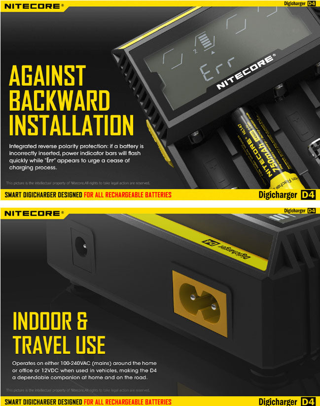 Chargeur D4 Nitecore Li-ion, IMR, Ni-MH, LiFePO4 et Ni-CD  NYCTALOPE  