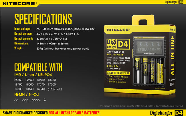 Chargeur D4 Nitecore Li-ion, IMR, Ni-MH, LiFePO4 et Ni-CD  NYCTALOPE  