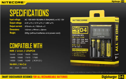 Chargeur D4 Nitecore Li-ion, IMR, Ni-MH, LiFePO4 et Ni-CD  NYCTALOPE  