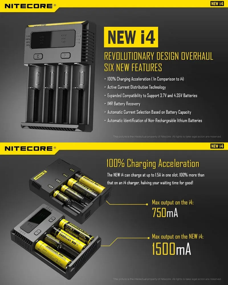 Chargeur Nitecore NEW i4 pour batterie Li-ion, IMR, LiFePO4, Ni-MH et Ni-Cd  NYCTALOPE  