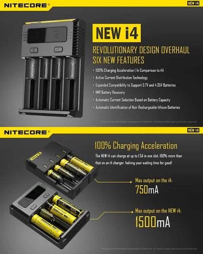Chargeur Nitecore NEW i4 pour batterie Li-ion, IMR, LiFePO4, Ni-MH et Ni-Cd  NYCTALOPE  