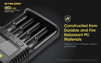 Chargeur Nitecore UMS4 pour batteries li-ion, IMR, LiFePO4, Ni-MH, Ni-Cd  NYCTALOPE  