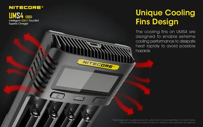 Chargeur Nitecore UMS4 pour batteries li-ion, IMR, LiFePO4, Ni-MH, Ni-Cd  NYCTALOPE  