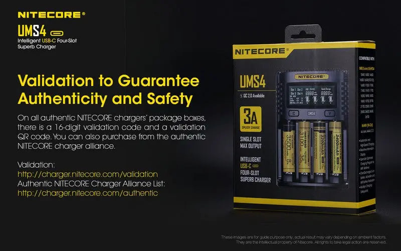 Chargeur Nitecore UMS4 pour batteries li-ion, IMR, LiFePO4, Ni-MH, Ni-Cd  NYCTALOPE  