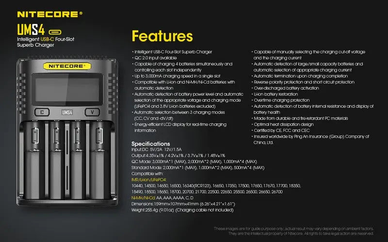 Chargeur Nitecore UMS4 pour batteries li-ion, IMR, LiFePO4, Ni-MH, Ni-Cd  NYCTALOPE  