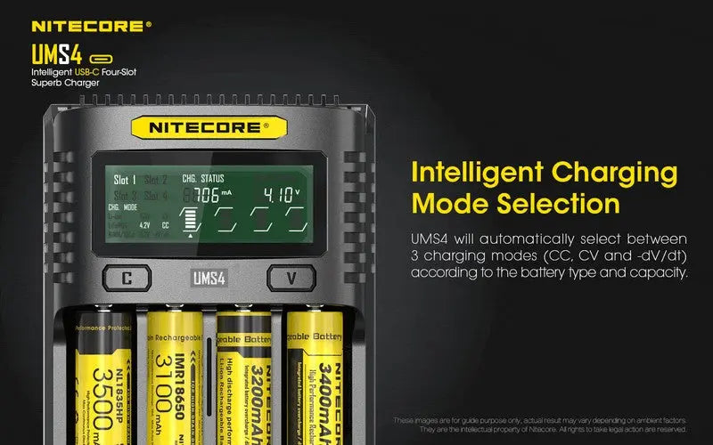 Chargeur Nitecore UMS4 pour batteries li-ion, IMR, LiFePO4, Ni-MH, Ni-Cd  NYCTALOPE  