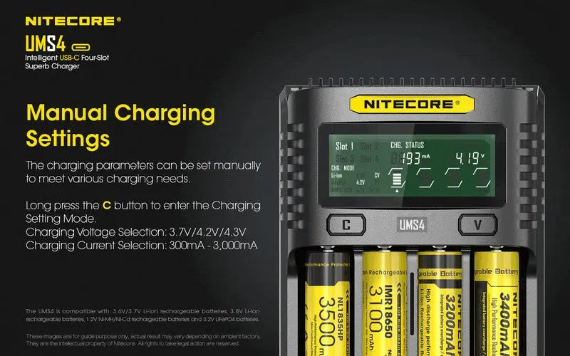 Chargeur Nitecore UMS4 pour batteries li-ion, IMR, LiFePO4, Ni-MH, Ni-Cd  NYCTALOPE  