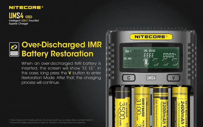 Chargeur Nitecore UMS4 pour batteries li-ion, IMR, LiFePO4, Ni-MH, Ni-Cd  NYCTALOPE  
