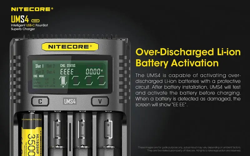 Chargeur Nitecore UMS4 pour batteries li-ion, IMR, LiFePO4, Ni-MH, Ni-Cd  NYCTALOPE  