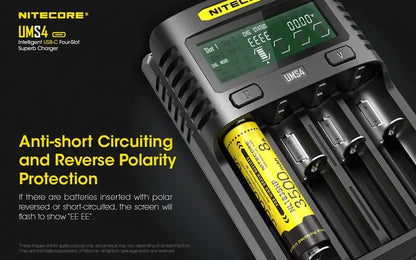Chargeur Nitecore UMS4 pour batteries li-ion, IMR, LiFePO4, Ni-MH, Ni-Cd  NYCTALOPE  