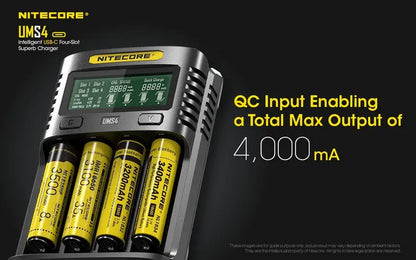 Chargeur Nitecore UMS4 pour batteries li-ion, IMR, LiFePO4, Ni-MH, Ni-Cd  NYCTALOPE  