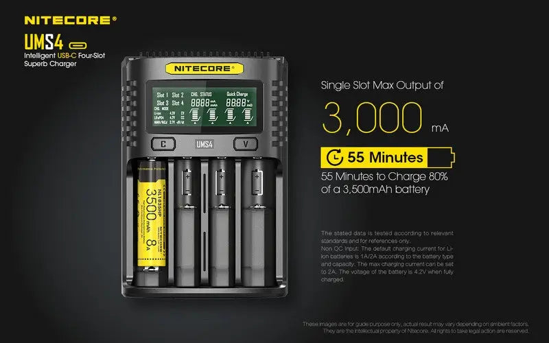 Chargeur Nitecore UMS4 pour batteries li-ion, IMR, LiFePO4, Ni-MH, Ni-Cd  NYCTALOPE  