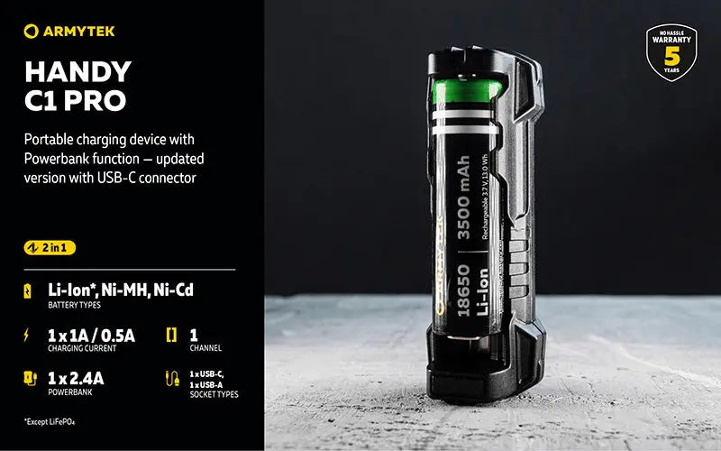 Chargeur Universel Armytek Handy C1 Pro USB-C - 2 en 1 - Powerbank - Li-Ion et Ni-MH  NYCTALOPE  