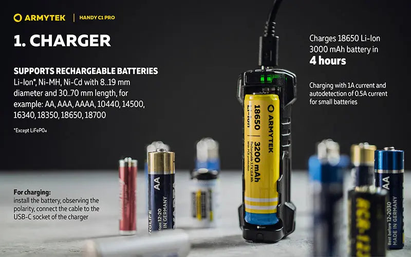 Chargeur Universel Armytek Handy C1 Pro USB-C - 2 en 1 - Powerbank - Li-Ion et Ni-MH  NYCTALOPE  