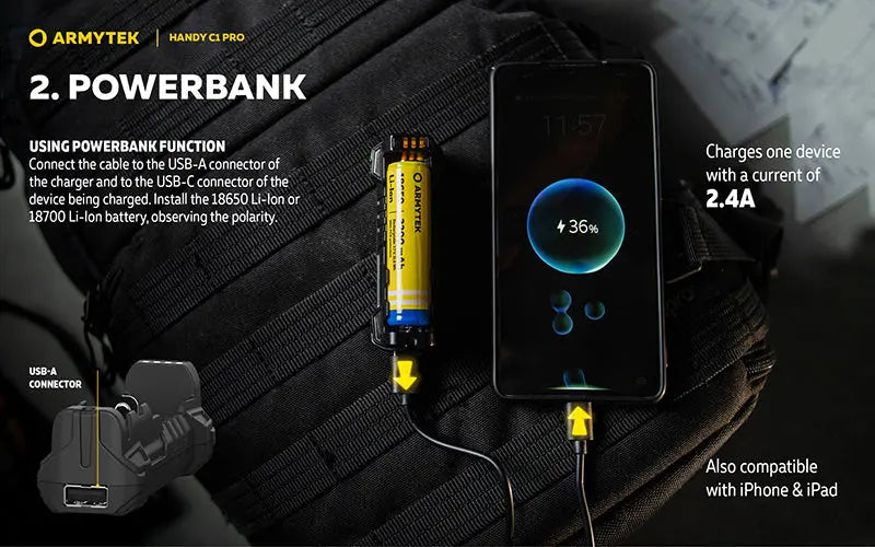 Chargeur Universel Armytek Handy C1 Pro USB-C - 2 en 1 - Powerbank - Li-Ion et Ni-MH  NYCTALOPE  