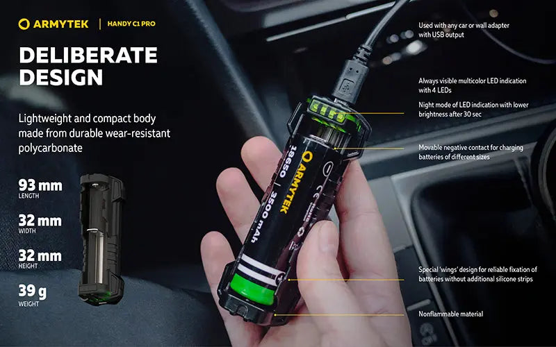 Chargeur Universel Armytek Handy C1 Pro USB-C - 2 en 1 - Powerbank - Li-Ion et Ni-MH  NYCTALOPE  