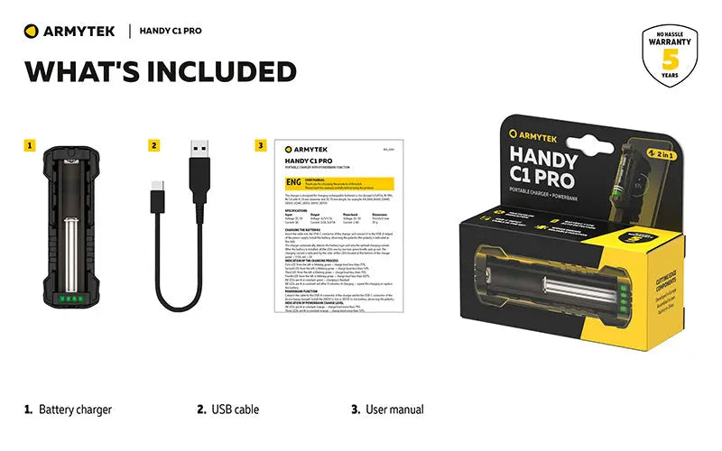 Chargeur Universel Armytek Handy C1 Pro USB-C - 2 en 1 - Powerbank - Li-Ion et Ni-MH  NYCTALOPE  