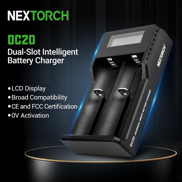 Chargeur Nextorch DC20 USB 2 baies Li-ion 21700, 18650, 18350,16340, 14500  NYCTALOPE  