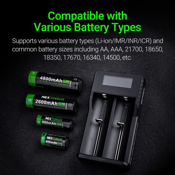 Chargeur Nextorch DC20 USB 2 baies Li-ion 21700, 18650, 18350,16340, 14500  NYCTALOPE  