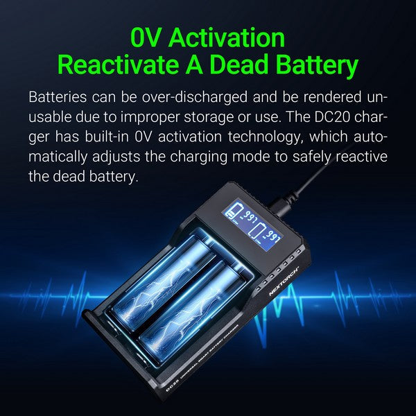 Chargeur Nextorch DC20 USB 2 baies Li-ion 21700, 18650, 18350,16340, 14500  NYCTALOPE  