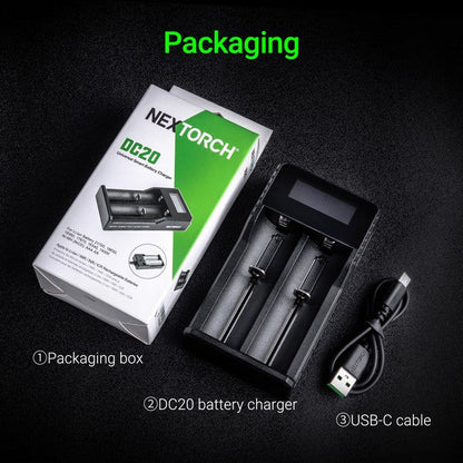 Chargeur Nextorch DC20 USB 2 baies Li-ion 21700, 18650, 18350,16340, 14500  NYCTALOPE  