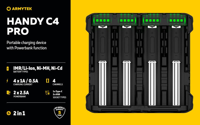 Chargeur Armytek Handy C4 PRO – Powerbank – Batteries Li-ion, IMR et Ni-Mh  NYCTALOPE  