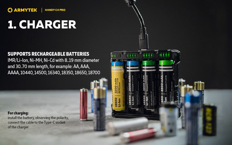 Chargeur Armytek Handy C4 PRO – Powerbank – Batteries Li-ion, IMR et Ni-Mh