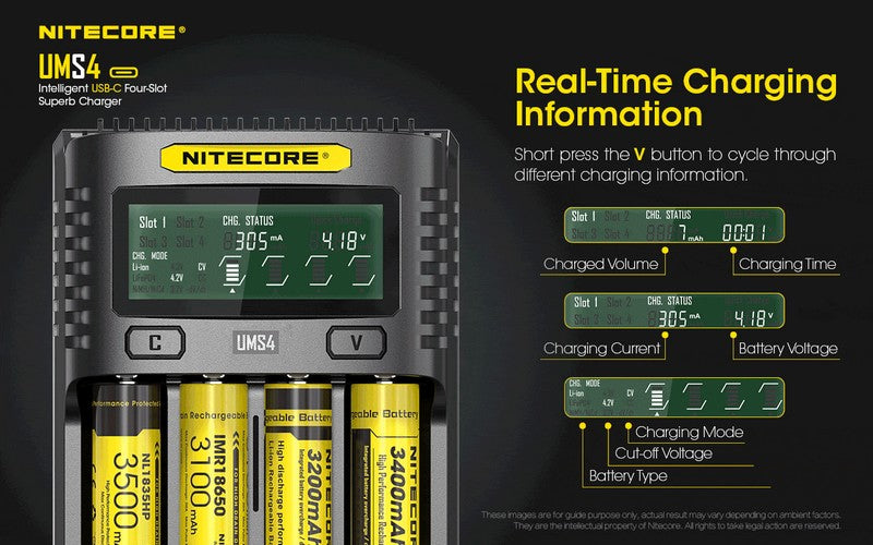 Chargeur Nitecore UMS4 pour batteries li-ion, IMR, LiFePO4, Ni-MH, Ni-Cd  NYCTALOPE  