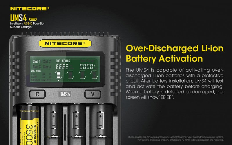 Chargeur Nitecore UMS4 pour batteries li-ion, IMR, LiFePO4, Ni-MH, Ni-Cd  NYCTALOPE  