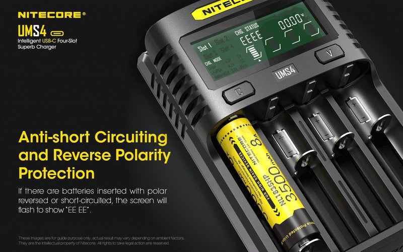 Chargeur Nitecore UMS4 pour batteries li-ion, IMR, LiFePO4, Ni-MH, Ni-Cd  NYCTALOPE  