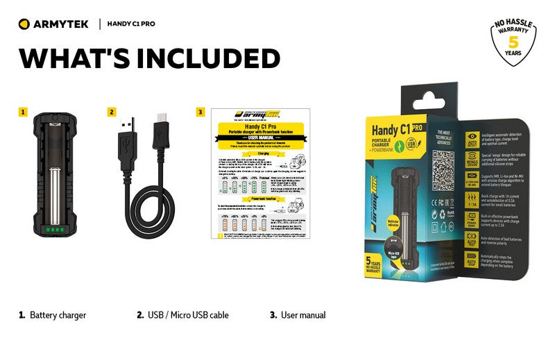 Chargeur Armytek Handy C1 pro - batteries Li-ion, IMR et Ni-Mh  NYCTALOPE  