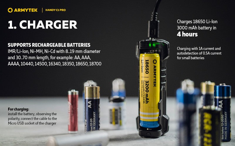 Chargeur Armytek Handy C1 pro - batteries Li-ion, IMR et Ni-Mh  NYCTALOPE  