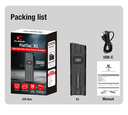 Lampe Torche FlatTac Klarus X2 - 3000Lumens rechargeable USB-C - Ultra fine  NYCTALOPE  