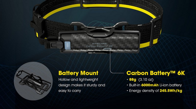 Kit batterie externe en carbone C6K pour frontale Nitecore NU27, NU40, NU43, NU45, NU50, HC65UE Nitecore
