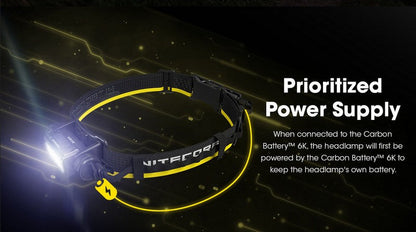 Kit batterie externe en carbone C6K pour frontale Nitecore NU27, NU40, NU43, NU45, NU50, HC65UE, HC60  NYCTALOPE  