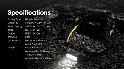 Kit batterie externe en carbone C6K pour frontale Nitecore NU27, NU40, NU43, NU45, NU50, HC65UE, HC60  NYCTALOPE  