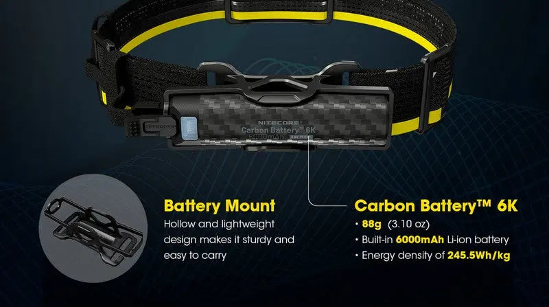 Kit batterie externe en carbone C6K pour frontale Nitecore NU27, NU40, NU43, NU45, NU50, HC65UE, HC60  NYCTALOPE  
