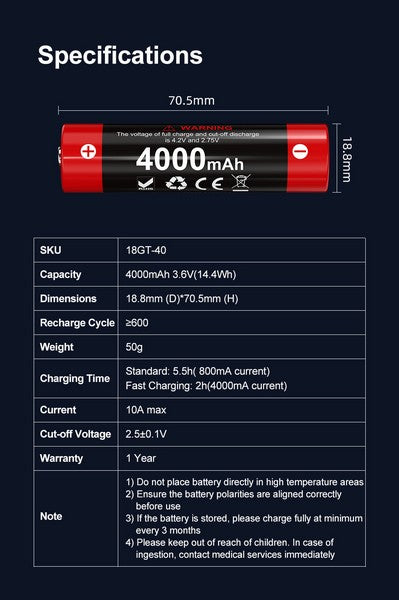 Batterie Klarus 18GT-40 18650 4000mAh protégée - autonomie prolongée