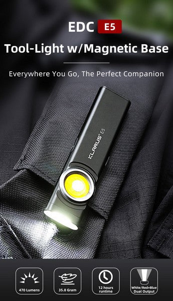 Lampe de poche de travail Klarus E5 - 470 Lumens  NYCTALOPE  