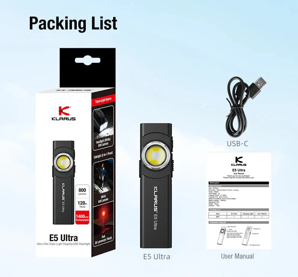 Lampe EDC ultra-fine Klarus E5 Ultra – Triple source lumineuse – 800 lumens  NYCTALOPE  