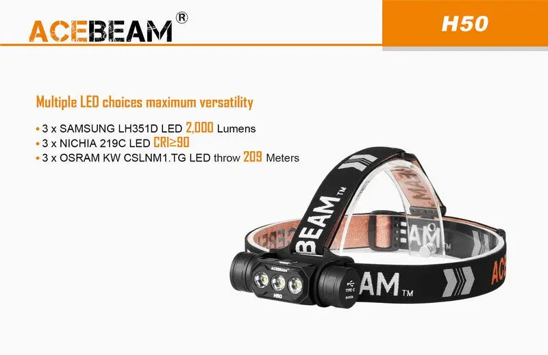 Lampe Frontale Acebeam H50 – 2000 Lumens  NYCTALOPE  