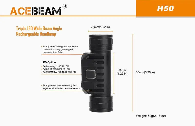 Lampe Frontale Acebeam H50 – 2000 Lumens  NYCTALOPE  
