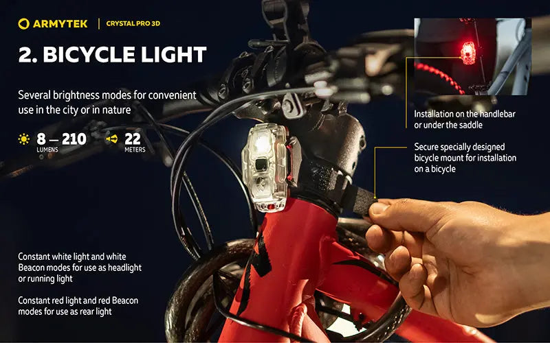 Lampe Frontale Armytek Crystal PRO 3D – 210 Lumens - Lumière Blanche/Rouge/Verte/Bleue - Fonction Feu de Freinage - Accéléromètre  NYCTALOPE  