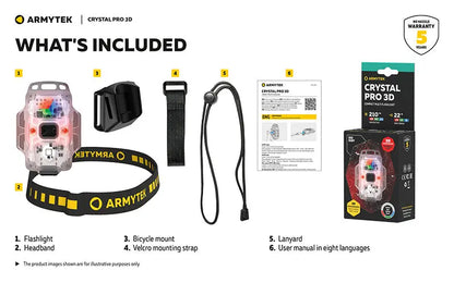 Lampe Frontale Armytek Crystal PRO 3D – 210 Lumens - Lumière Blanche/Rouge/Verte/Bleue - Fonction Feu de Freinage - Accéléromètre  NYCTALOPE  