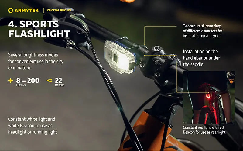 Lampe Frontale Armytek Crystal PRO UV – 200 Lumens - Lumière Blanche/Rouge/Verte/Bleu/UV  NYCTALOPE  