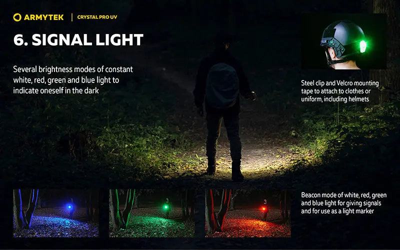 Lampe Frontale Armytek Crystal PRO UV – 200 Lumens - Lumière Blanche/Rouge/Verte/Bleu/UV  NYCTALOPE  