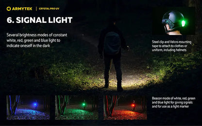 Lampe Frontale Armytek Crystal PRO UV – 200 Lumens - Lumière Blanche/Rouge/Verte/Bleu/UV  NYCTALOPE  