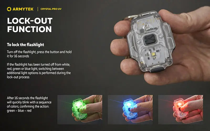 Lampe Frontale Armytek Crystal PRO UV – 200 Lumens - Lumière Blanche/Rouge/Verte/Bleu/UV  NYCTALOPE  