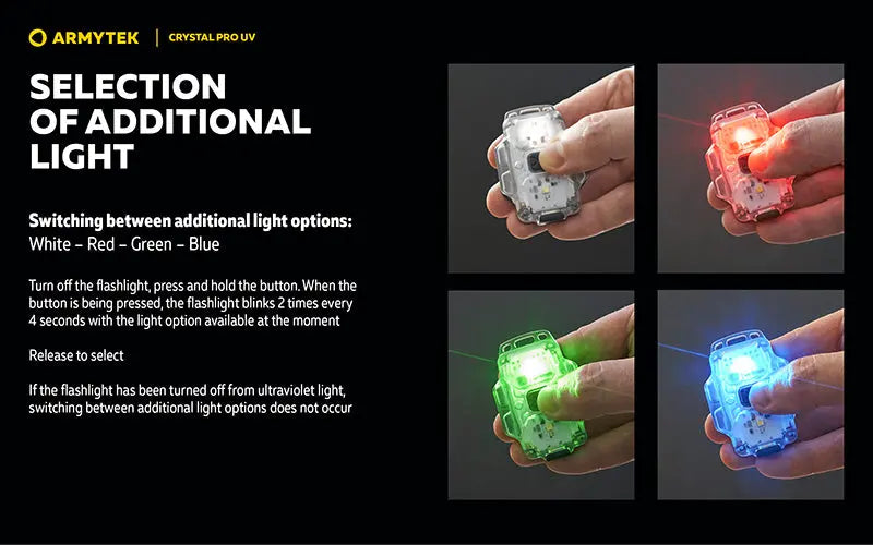 Lampe Frontale Armytek Crystal PRO UV – 200 Lumens - Lumière Blanche/Rouge/Verte/Bleu/UV  NYCTALOPE  